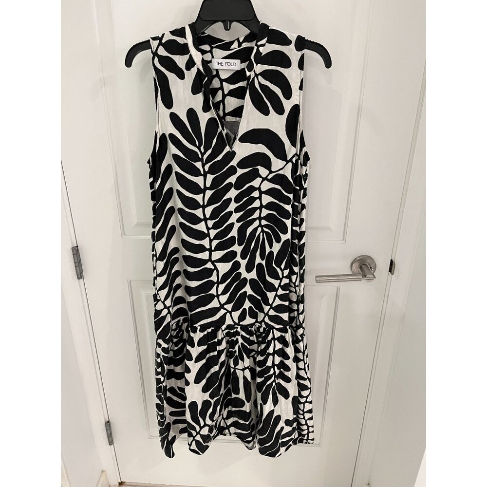 The Fold Tiered Ruffle Linen Silk Blend Black White Midi Dress US 8 UK 10